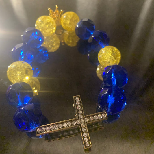 Bracelet/Sigma Gamma Rho Sorority Royality Arm Candy of Blue and Gold Glass Beads with Rhinestone Cross and Crown Accent Charms.