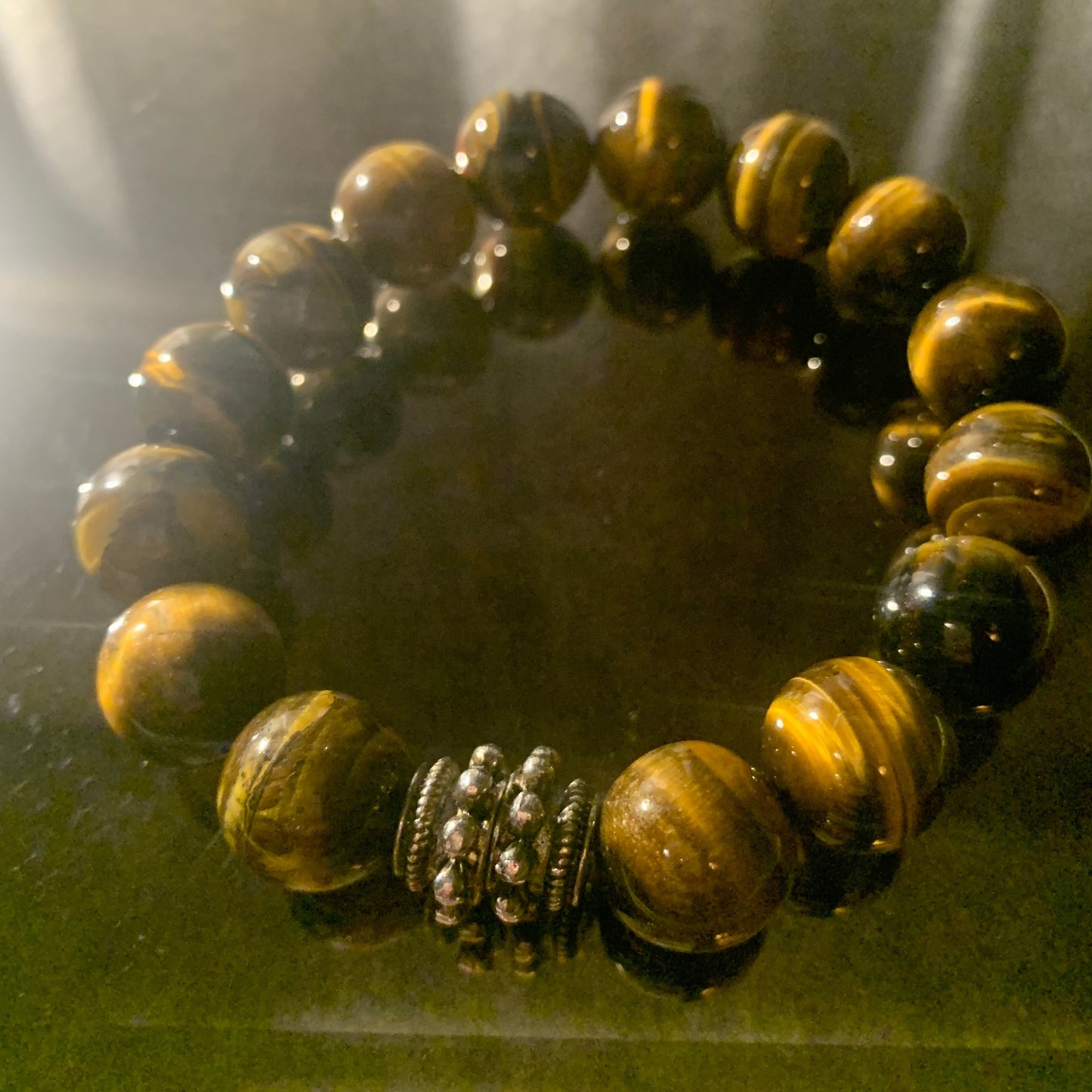 Bracelet/Bold Unisex Tiger Eye (Large) Beads, Medal Crown Spacers.