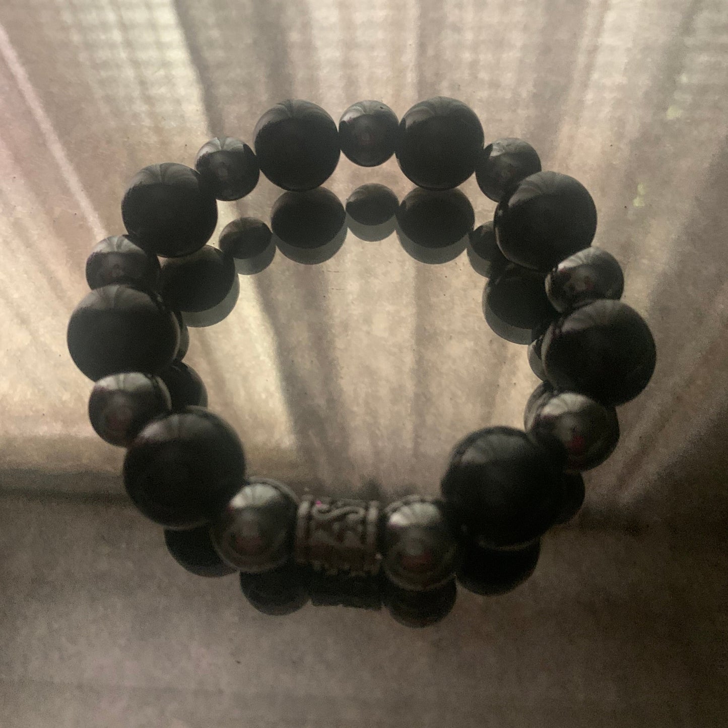 Bracelet/Bold Unisex Large Black and Medium Silver Metal Bead Combo.