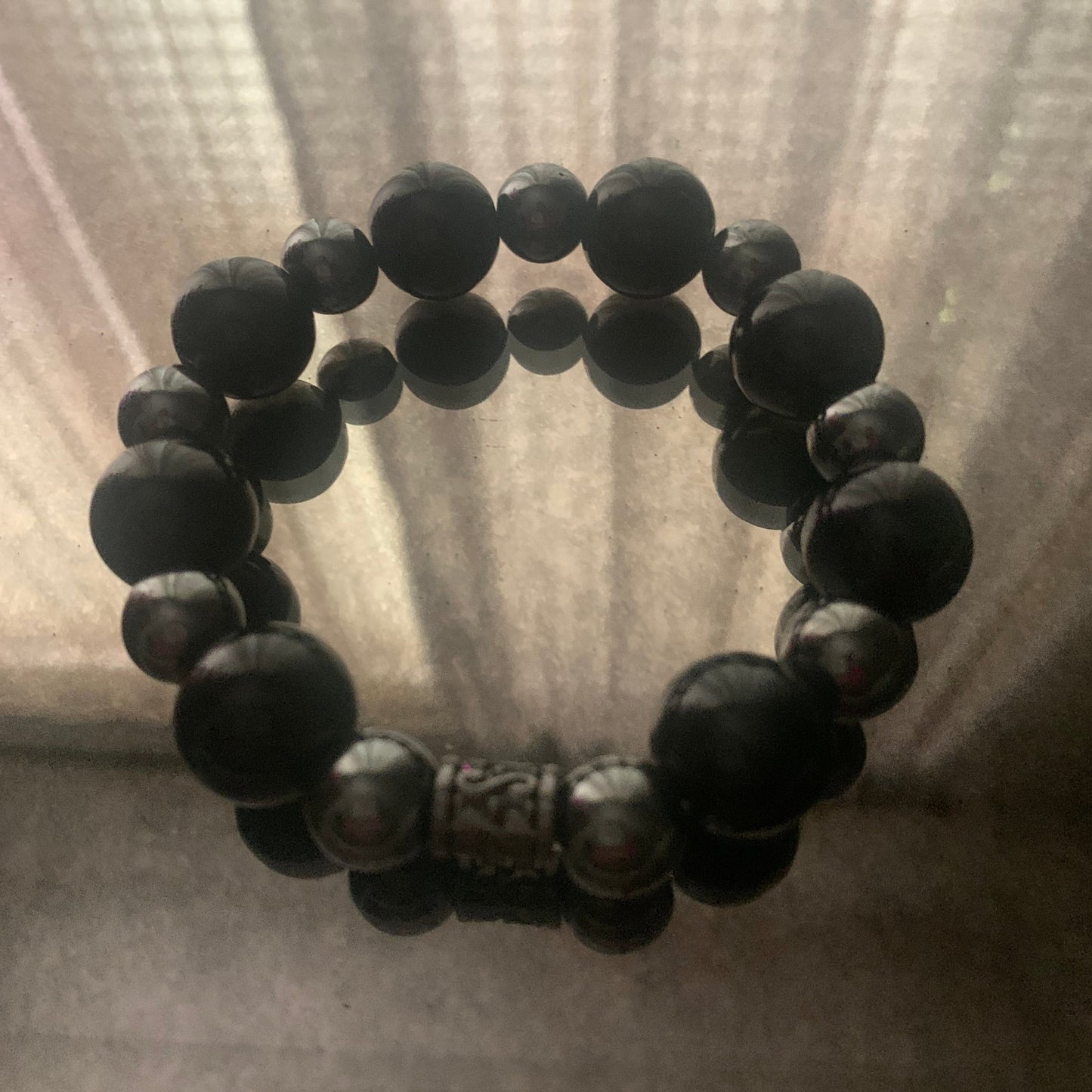 Bracelet/Bold Unisex Large Black and Medium Silver Metal Bead Combo.